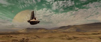 Movie still from “Star Wars: Episode III - Revenge of the Sith” (2005), directed by George Lucas – An image of an airplane flying in the sky; Extreme Wide shot, Low angle