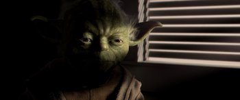 Movie still from “Star Wars: Episode III - Revenge of the Sith” (2005), directed by George Lucas – Yoda's face in front of a window; Close Up shot, Low angle