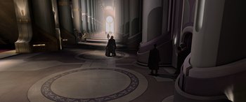 Movie still from “Star Wars: Episode III - Revenge of the Sith” (2005), directed by George Lucas – Two people are standing in a hallway of a building; Extreme Wide shot, High angle