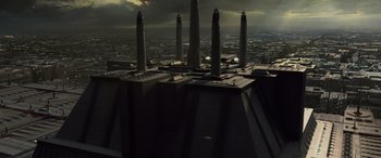 Movie still from “Star Wars: Episode III - Revenge of the Sith” (2005), directed by George Lucas – A view of a city from a space station; Extreme Wide shot, High angle