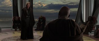 Movie still from “Star Wars: Episode III - Revenge of the Sith” (2005), directed by George Lucas – Two people are standing in front of a large window; Wide shot, Over the shoulder angle