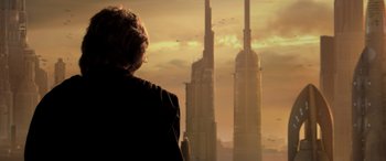 Movie still from “Star Wars: Episode III - Revenge of the Sith” (2005), directed by George Lucas – A woman looking out over a city at sunset; Medium shot, Low angle