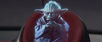 Movie still from “Star Wars: Episode III - Revenge of the Sith” (2005), directed by George Lucas – An image of an image of a star wars character; Close Up shot, Over the shoulder angle