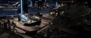 Movie still from “Star Wars: Episode III - Revenge of the Sith” (2005), directed by George Lucas – A group of people standing next to each other in a room; Extreme Wide shot, High angle