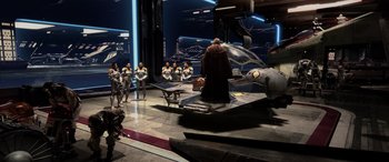 Movie still from “Star Wars: Episode III - Revenge of the Sith” (2005), directed by George Lucas – A group of people standing in a room; Extreme Wide shot, High angle