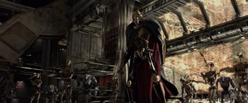 Movie still from “Star Wars: Episode III - Revenge of the Sith” (2005), directed by George Lucas – An image of a man that is dressed like a skeleton; Wide shot, Low angle