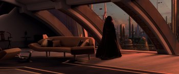 Movie still from “Star Wars: Episode III - Revenge of the Sith” (2005), directed by George Lucas – A woman in a long black dress standing in front of a couch; Extreme Wide shot, High angle