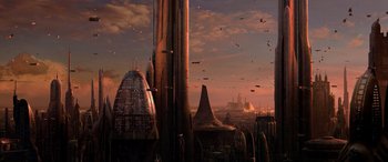 Movie still from “Star Wars: Episode III - Revenge of the Sith” (2005), directed by George Lucas – An image of an alien city in the middle of the night; Extreme Wide shot, Low angle