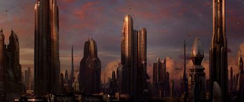 An artistic rendering of a city skyline at sunset