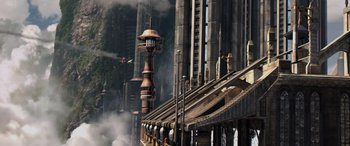 Movie still from “Star Wars: Episode III - Revenge of the Sith” (2005), directed by George Lucas – An image of a building that is very tall; Extreme Wide shot, Low angle