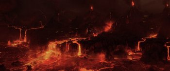 Movie still from “Star Wars: Episode III - Revenge of the Sith” (2005), directed by George Lucas – An image of an image of a volcano with lava coming out of it; Extreme Wide shot, High angle