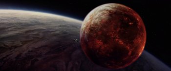 Movie still from “Star Wars: Episode III - Revenge of the Sith” (2005), directed by George Lucas – An image of an earth from the space; Extreme Wide shot, Overhead angle