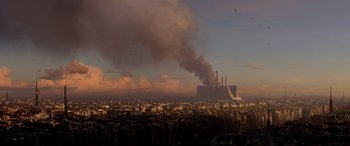 Movie still from “Star Wars: Episode III - Revenge of the Sith” (2005), directed by George Lucas – A large city with a large factory in the middle of it; Extreme Wide shot, Low angle