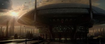 Movie still from “Star Wars: Episode III - Revenge of the Sith” (2005), directed by George Lucas – An image of a large building in the middle of the night; Extreme Wide shot, Low angle