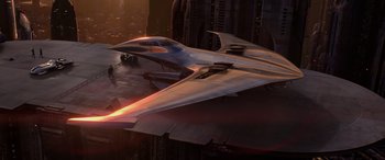 Movie still from “Star Wars: Episode III - Revenge of the Sith” (2005), directed by George Lucas – An airplane flying over a city at night; Extreme Wide shot, High angle