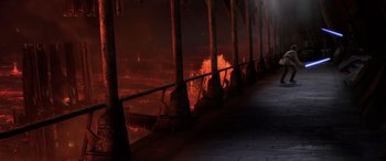Movie still from “Star Wars: Episode III - Revenge of the Sith” (2005), directed by George Lucas – A view of a lava flow from the ocean; Extreme Wide shot, High angle