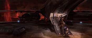 Movie still from “Star Wars: Episode III - Revenge of the Sith” (2005), directed by George Lucas – A woman is walking down the stairs of a building; Extreme Wide shot, High angle