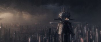 Movie still from “Star Wars: Episode III - Revenge of the Sith” (2005), directed by George Lucas – An aerial view of a futuristic city with a dark sky background; Extreme Wide shot, Overhead angle