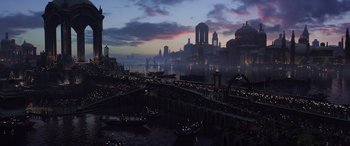 Movie still from “Star Wars: Episode III - Revenge of the Sith” (2005), directed by George Lucas – An image of a city with a bridge in the middle of it; Extreme Wide shot, High angle
