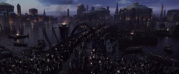 Movie still from “Star Wars: Episode III - Revenge of the Sith” (2005), directed by George Lucas – A large crowd of people standing on a bridge; Extreme Wide shot, High angle