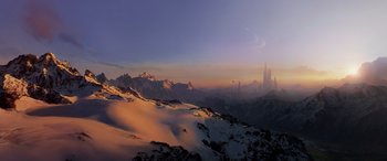Movie still from “Star Wars: Episode III - Revenge of the Sith” (2005), directed by George Lucas – A view of a mountain range with snow on the ground; Extreme Wide shot, High angle