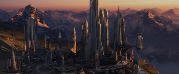 Movie still from “Star Wars: Episode III - Revenge of the Sith” (2005), directed by George Lucas – An image of an alien city with mountains in the background; Extreme Wide shot, High angle