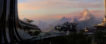 Movie still from “Star Wars: Episode III - Revenge of the Sith” (2005), directed by George Lucas – An image of an alien space ship in the sky; Extreme Wide shot, Low angle