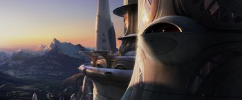 Movie still from “Star Wars: Episode III - Revenge of the Sith” (2005), directed by George Lucas – An image of a space ship in the sky with mountains in the background; Extreme Wide shot, High angle