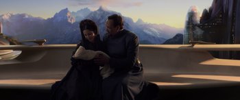 Movie still from “Star Wars: Episode III - Revenge of the Sith” (2005), directed by George Lucas – A man and a woman sitting next to each other on top of a bench; Medium shot, Over the shoulder angle