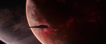 Movie still from “Star Wars: Episode IX - The Rise of Skywalker” (2019), directed by J.J. Abrams – An image of a space ship flying in the sky; Extreme Wide shot, Low angle