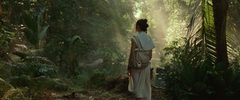 Movie still from “Star Wars: Episode IX - The Rise of Skywalker” (2019), directed by J.J. Abrams – A woman with a backpack walking through a forest; Wide shot, Low angle