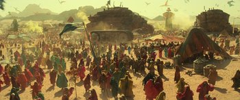 Movie still from “Star Wars: Episode IX - The Rise of Skywalker” (2019), directed by J.J. Abrams – A crowd of people gathered in the desert; Extreme Wide shot, High angle