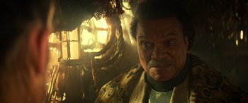 Movie still from “Star Wars: Episode IX - The Rise of Skywalker” (2019), directed by J.J. Abrams – An older man with a beard and a mustache; Close Up shot, Low angle