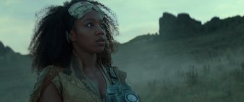 Movie still from “Star Wars: Episode IX - The Rise of Skywalker” (2019), directed by J.J. Abrams – A woman with a camera in a field; Close Up shot, Low angle