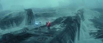 Movie still from “Star Wars: Episode IX - The Rise of Skywalker” (2019), directed by J.J. Abrams – Two people are standing in the middle of an ocean; Extreme Wide shot, Overhead angle