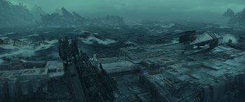 Movie still from “Star Wars: Episode IX - The Rise of Skywalker” (2019), directed by J.J. Abrams – An aerial view of an abandoned city in the middle of the night; Extreme Wide shot, High angle