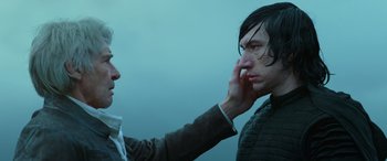 Movie still from “Star Wars: Episode IX - The Rise of Skywalker” (2019), directed by J.J. Abrams – A man touching another man's face with his hand; Close Up shot, Over the shoulder angle