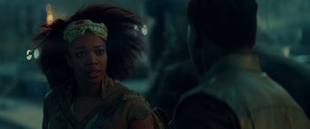 Movie still from “Star Wars: Episode IX - The Rise of Skywalker” (2019), directed by J.J. Abrams – A woman with a headband is talking to another woman; Close Up shot, Over the shoulder angle