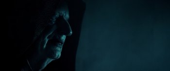 Movie still from “Star Wars: Episode IX - The Rise of Skywalker” (2019), directed by J.J. Abrams – An old man with a beard is looking into the distance; Close Up shot, Over the shoulder angle