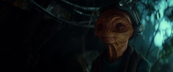 Movie still from “Star Wars: Episode IX - The Rise of Skywalker” (2019), directed by J.J. Abrams – A person's face in a dark room; Close Up shot, Low angle