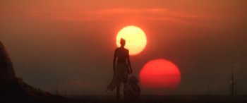 Movie still from “Star Wars: Episode IX - The Rise of Skywalker” (2019), directed by J.J. Abrams – A person standing in front of a sunset; Extreme Wide shot, Low angle