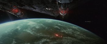Movie still from “Star Wars: Episode VIII - The Last Jedi” (2017), directed by Rian Johnson – An image of a space ship in the sky; Extreme Wide shot, Overhead angle