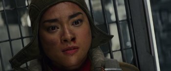 Movie still from “Star Wars: Episode VIII - The Last Jedi” (2017), directed by Rian Johnson – A person with a hat on; Close Up shot, Low angle