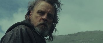 Movie still from “Star Wars: Episode VIII - The Last Jedi” (2017), directed by Rian Johnson – A person with long hair; Close Up shot, Low angle