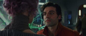 Movie still from “Star Wars: Episode VIII - The Last Jedi” (2017), directed by Rian Johnson – A person looking at another person; Close Up shot, Over the shoulder angle