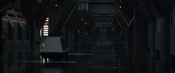 Movie still from “Star Wars: Episode VIII - The Last Jedi” (2017), directed by Rian Johnson – A dark hallway with lights on the ceiling; Extreme Wide shot, High angle