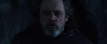 Movie still from “Star Wars: Episode VIII - The Last Jedi” (2017), directed by Rian Johnson – A person with a beard; Close Up shot, Low angle