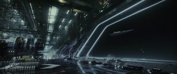 Movie still from “Star Wars: Episode VIII - The Last Jedi” (2017), directed by Rian Johnson – An image of an alien ship in a dark space setting; Extreme Wide shot, High angle
