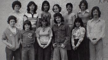 Movie still from “Still: A Michael J. Fox Movie” (2023), directed by Davis Guggenheim – A black and white photo of a group of people; Medium shot, Overhead angle