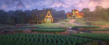 Movie still from “Strange World” (2022), directed by Don Hall – A painting of a house and a field of plants; Extreme Wide shot, High angle